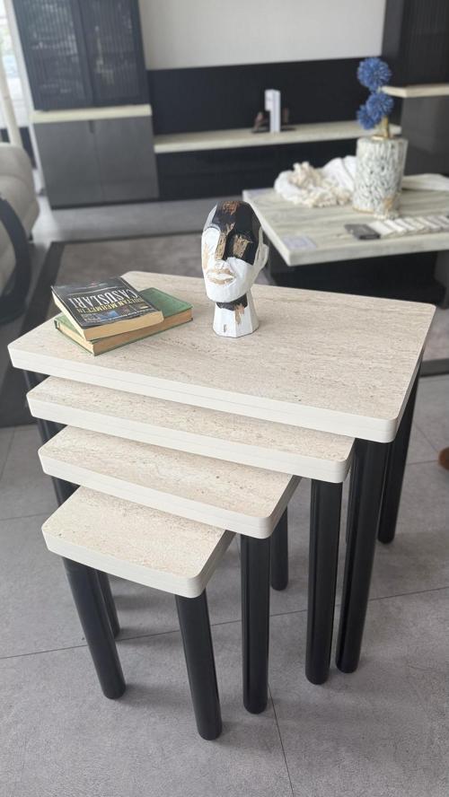 4LÜ TRAVERTEN ZİGON SEHPA BOHEM SİYAH AYAK