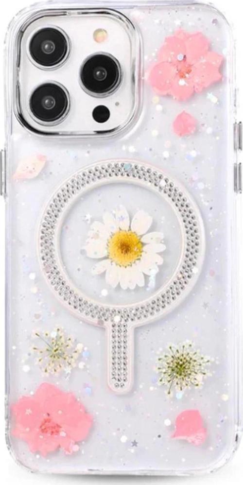 iPhone 14 Pro Max Flower Magsafe Kapak - Pembe-(5796)