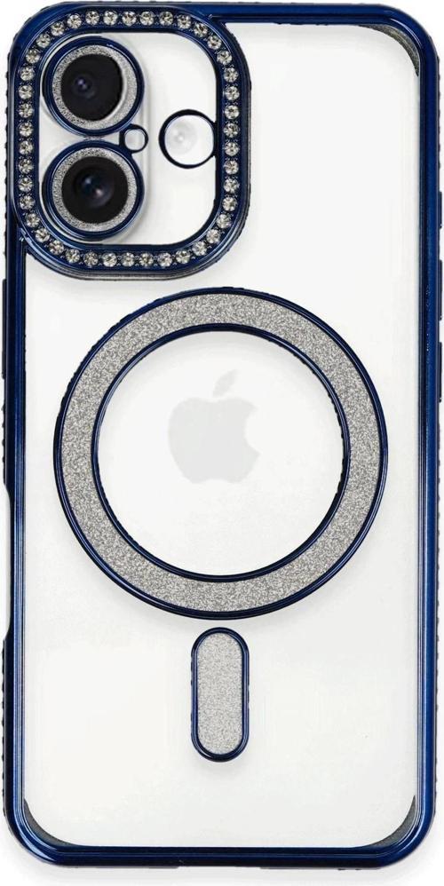 iPhone 16 Plus Kılıf Joke Simli Magneticsafe Kılıf - Lacivert-(5796)