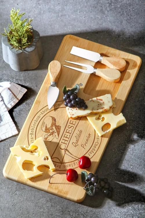 Doğal Bambu 4 lü Peynir Sunum Seti Ahşap Sunum Tahtası, Paslanmaz Çelik Çatal, Bıçak, Spatula
