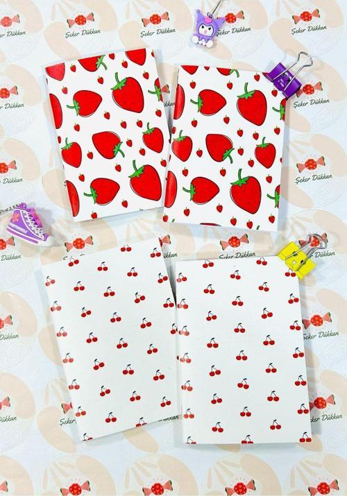Çilek 🍓& Kiraz 🍒 4'Lü Tasarım Not Defteri (Hediyeli)