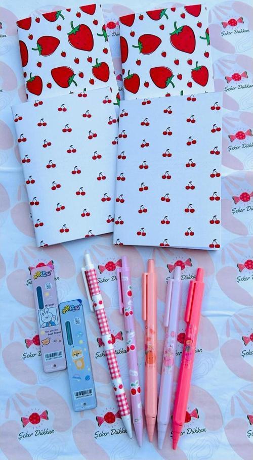 Çilek🍓Kiraz 🍒 0.7 Uçlu Kalem Defter Seti - (5Uçlu Kalem-4Defter-2Uç)