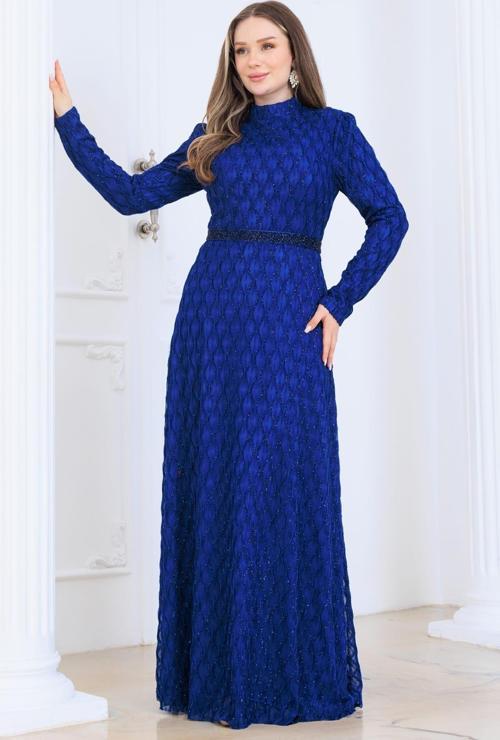 Lina Tesettür Abiye Elbise İndigo