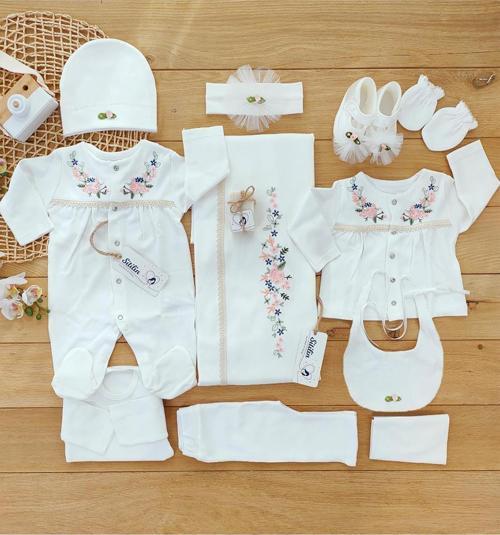 Kız Bebek Ekru 10'lu Hastane Çıkışı Natural Işlemeli Set STL4663