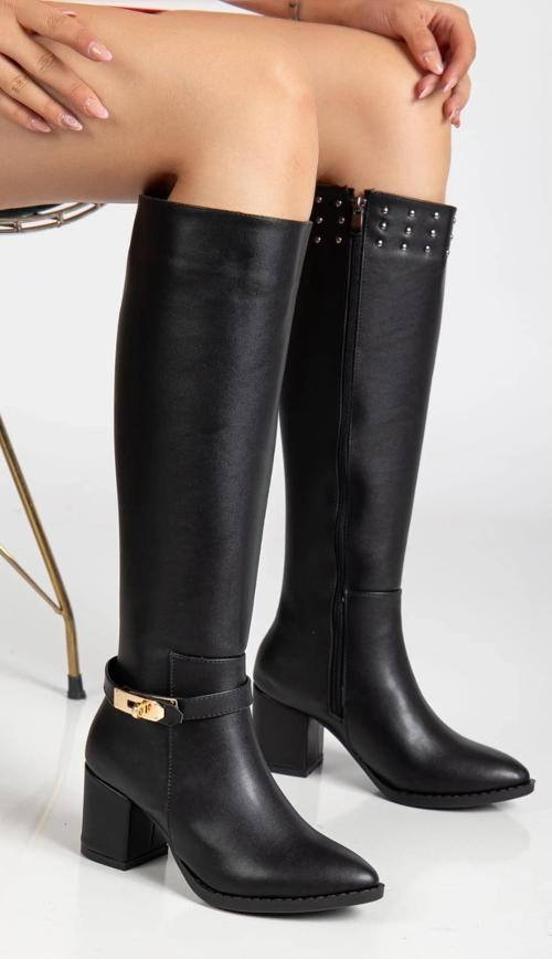 Jeoli Siyah Cilt Topuklu Çizme