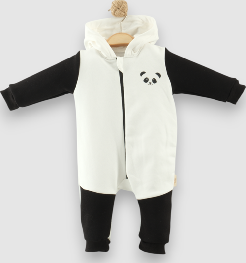 PANDA FİGÜRLÜ KAPÜŞONLU ÜÇ İPLİK ŞARDONLU TULUM - NEC253223-Beyaz-6 - 9 Ay BEYAZ