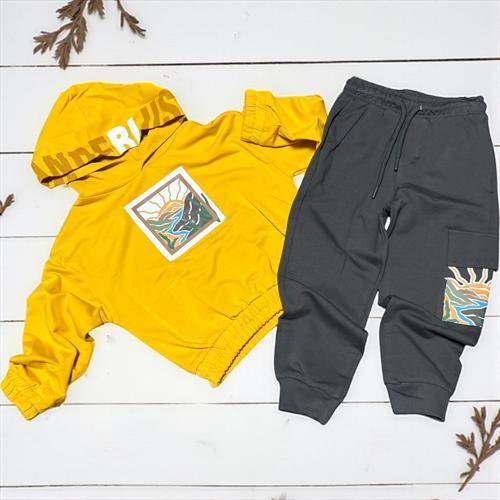 ÖN BASKILI KANGURU CEPLİ EŞOFMAN TAKIM - Hardal - 3 Yaş Hardal