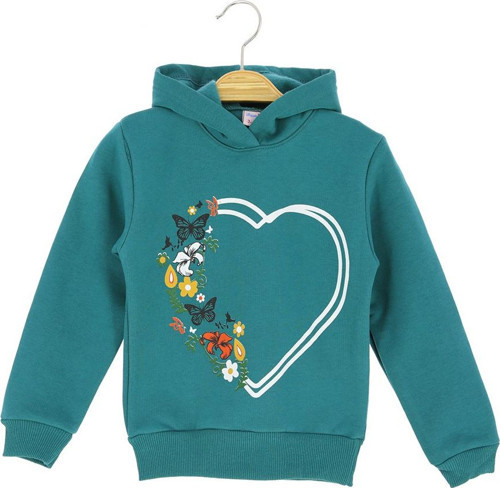 KELEBEK KALP BASKILI KAPÜŞONLU ÜÇ İPLİK SWEATSHIRT - Petrol Yeşili - 3 Yaş - STP19453-Petrol Yeşili-3 Yaş Petrol Yeşili