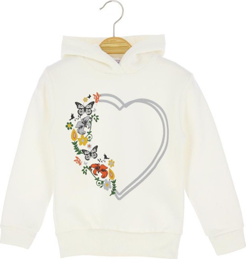 KELEBEK KALP BASKILI KAPÜŞONLU ÜÇ İPLİK SWEATSHIRT - Ekru - 4 Yaş - STP19453-Ekru-4 Yaş Ekru