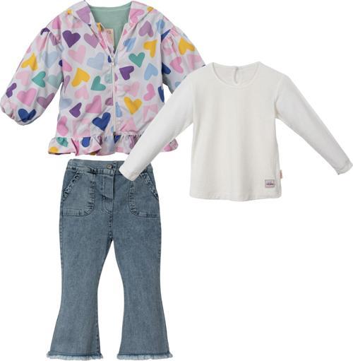 KAPÜŞONLU ASTARLI KALPLİ YAĞMURLUKLU DENIM PANTOLONLU ÜÇLÜ ALT ÜST TAKIM - NEC241167-Yeşil-1 - 2  Yaş Yeşil