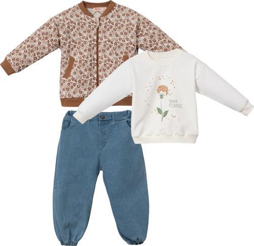 ÇİÇEKLİ KAPİTONE ASTARSIZ MONTLU DENIM PANTOLONLU ÜÇLÜ ALT ÜST TAKIM - NEC243265-Kahverengi-3 - 4 Yaş Kahverengi