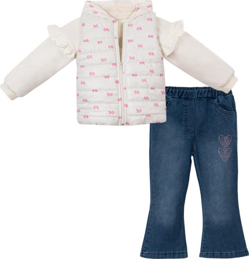 KAPÜŞONLU KALPLİ ŞİŞME YELEKLİ DENIM PANTOLONLU ÜÇLÜ ALT ÜST TAKIM - NEC243271-Pembe-1 - 2 Yaş Pembe
