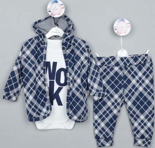 KAPÜŞONLU BAKLAVALI BİYELİ WORK BASKILI İK İPLİK ALT ÜST TAKIM - Lacivert - 18 Ay - BYZ2012-Lacivert-18 Ay LACİVERT