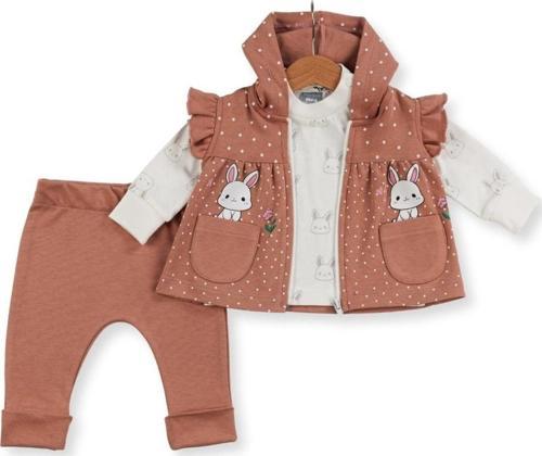 TAVŞAN BASKILI KAPÜŞONLU YELEKLİ ALT ÜST TAKIM - Karamel - 9 - 12 Ay - DNN14117-Karamel-9 - 12 Ay Karamel