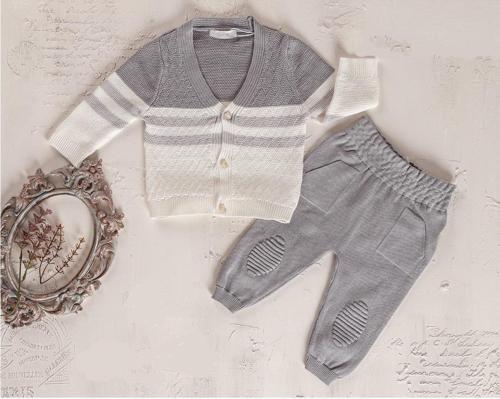 V YAKA HIRKALI GARNİLİ TRİKO ALT ÜST TAKIM - GB6019-Gri-6 - 9 Ay Gri