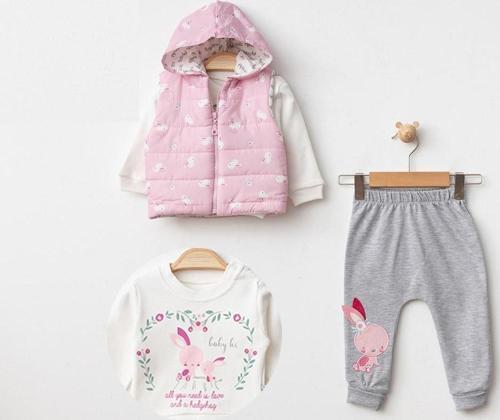 TAVŞANLI KAPÜŞONLU ŞİŞME YELEKLİ ALT ÜST TAKIM - Pembe - 12 - 18 Ay - BBH581-Pembe-12 - 18 Ay Pembe