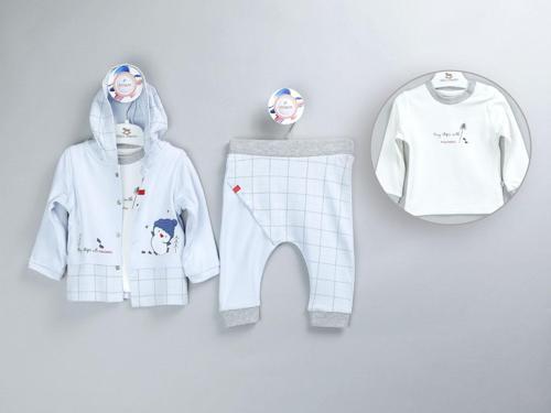 KAPÜŞONLU PENGUEN BASKILI HIRKALI PENYE ALT ÜST TAKIM - Mavi - 9 Ay - KTS40005-Mavi-9 Ay Mavi