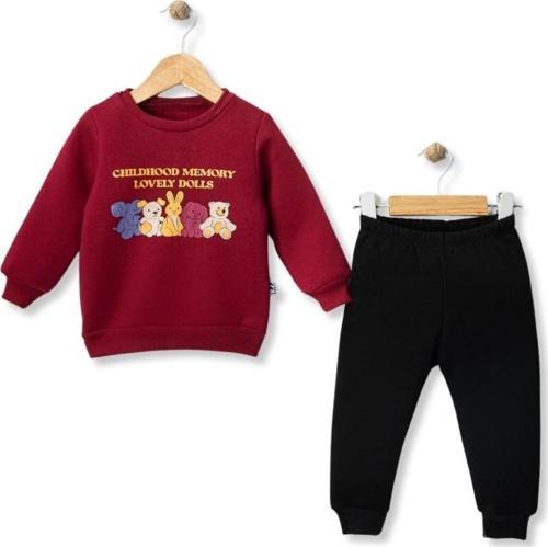 CHILDHOOD MEMORY BASKILI ÜÇ İPLİK ŞARDONLU ALT ÜST TAKIM - MYS5187-Vişne-9 Ay Vişne