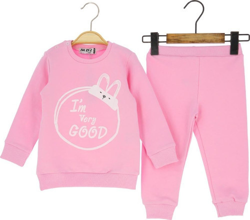 IM VERY GOOD CAT BASKILI İKİ İPLİK ALT ÜST TAKIM - MDL2123-Pembe-24 Ay Pembe