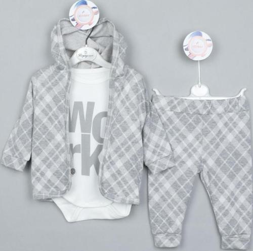 KAPÜŞONLU BAKLAVALI BİYELİ WORK BASKILI İK İPLİK ALT ÜST TAKIM - Gri - 9 Ay - BYZ2012-Gri-9 Ay Gri