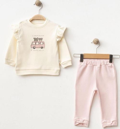 CAMPERVAN PAÇA DETAYLI OMUZ FIRFIRLI İKİ İPLİK ALT ÜST TAKIM - SD-2239-Pembe-12 - 18 Ay Pembe