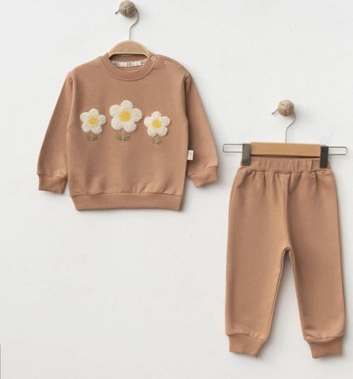 APLİKE ÇİÇEK NAKIŞLI İKİ İPLİK ALT ÜST TAKIM - SD-2279-Camel-12 - 18 Ay Camel