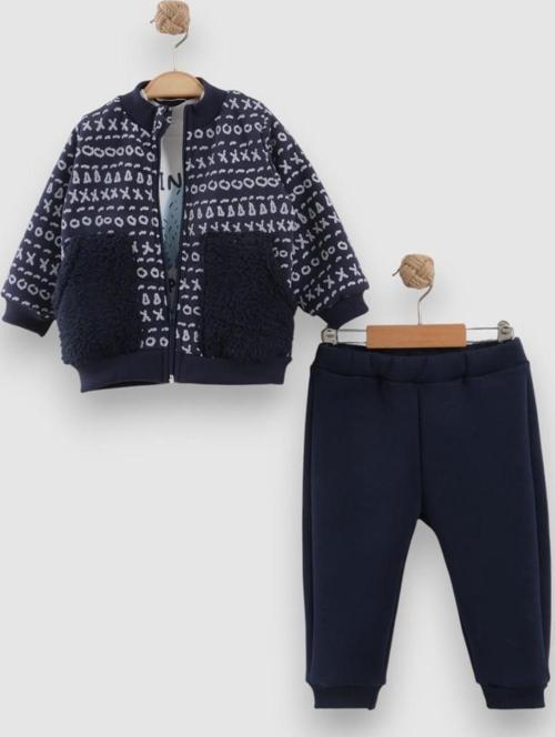 WINTER ADVENTURE HAKİM YAKA CEKETLİ ÜÇ İPLİK ŞARDONLU ÜÇLÜ ALT ÜST TAKIM - NEC254027-Lacivert-12 - 18 Ay LACİVERT