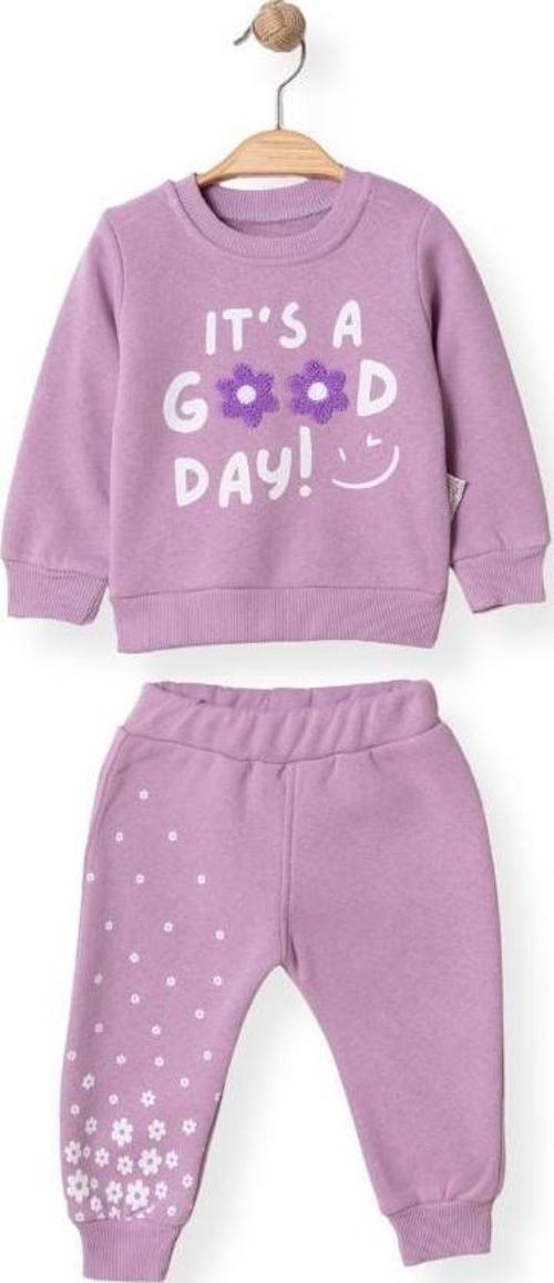 PAPATYA NAKIŞLI ÜÇ İPLİK ŞARDONLU ALT ÜST TAKIM - Lila - 12 Ay - SDL7094-Lila-12 Ay Lila