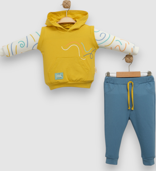 DIFFERENT WAY SÜVETER DETAYLI KAPÜŞONLU İKİ İPLİK ALT ÜST TAKIM - NEC251402-Fıstık Ye-18 - 24 Ay Fıstık Yeşili