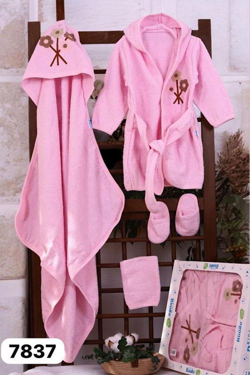 ÇİÇEK DETAYLI BORNOZ SETİ - Pembe - 0 - 12 Ay Pembe