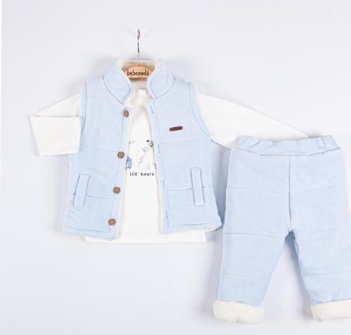 KADİFE YELEKLİ İÇİ PELUŞLU ÜÇLÜ ALT ÜST TAKIM - Mavi - 6 Ay Mavi