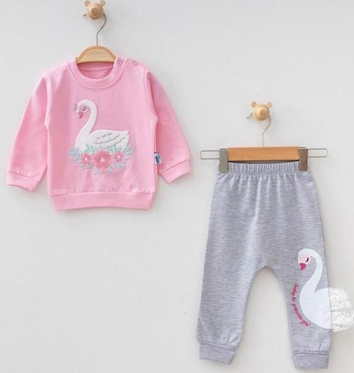 KUĞU NAKIŞLI İKİ İPLİK ALT ÜST TAKIM - Pembe - 6 - 9 Ay - BBH499-Pembe-6 - 9 Ay Pembe