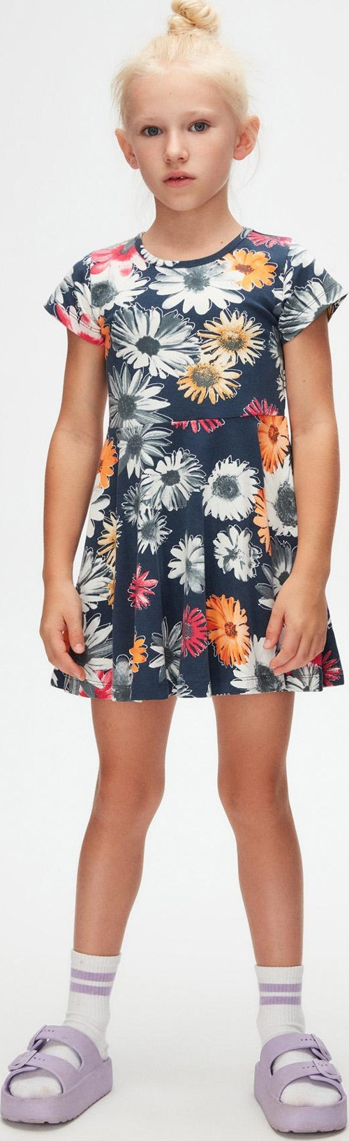 Stylized Sunflower Kız Çocuk Desenli Kısa Kollu Elbise
