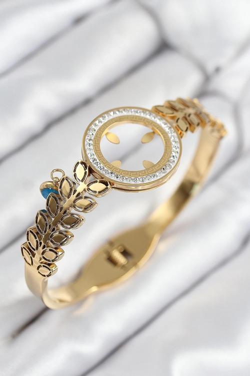 BFS 316L Çelik Zirkon Taşlı Çeyrek Takılabilir Gold Renk Kelepçe