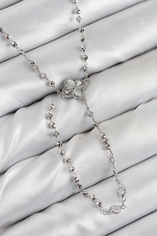 BFS Pirinç Zirkon Taşlı Yonca Model Gümüş Renk Kadın Y Kolye