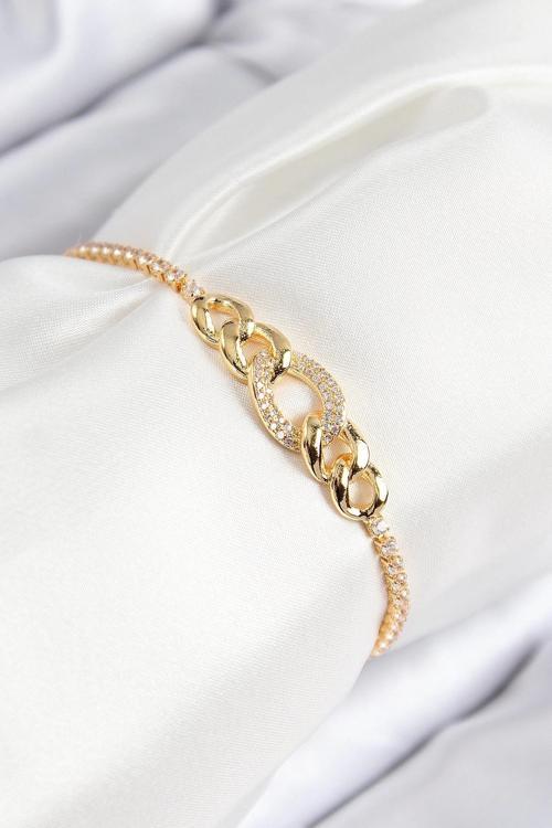 BFS Pirinç Zirkon Taşlı Zincir Model Gold Renk Asansörlü Kadın Bileklik