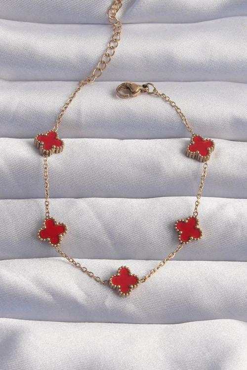 BFS 316L Çelik Baby Boy Gold Renk Kırmızı Mineli Yonca Bileklik