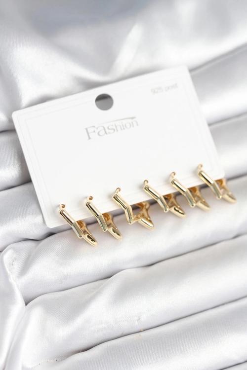 BFS Yıldız Model Gold Renk 925 Ayar Gümüş Çivili Kadın Küpe Seti