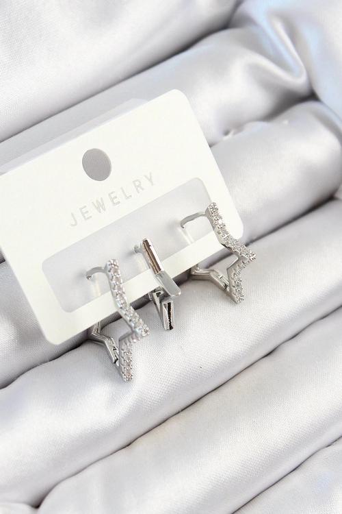 BFS Pirinç Zirkon Taşlı Yıldız Model Gümüş Renk 3'lü Çift Kadın Küpe Set