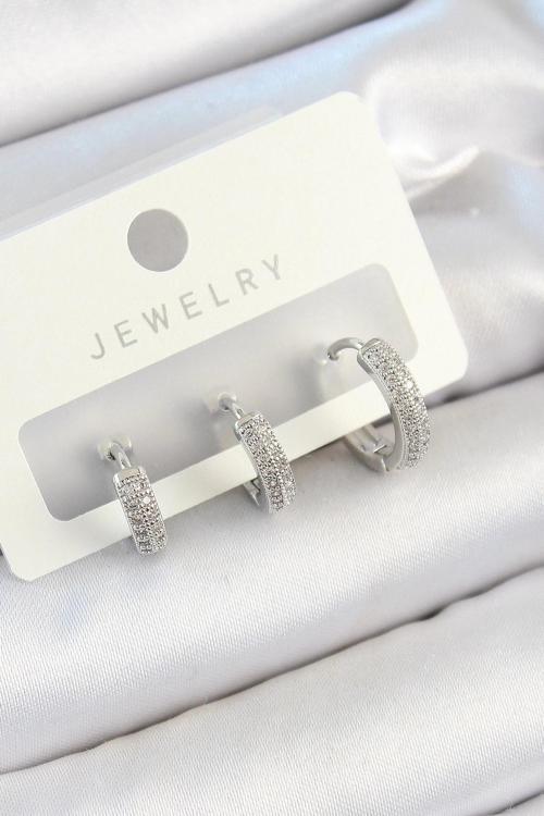 BFS Pirinç Zirkon Taşlı Halka Model Gümüş Renk 3'lü Çift Kadın Küpe Set