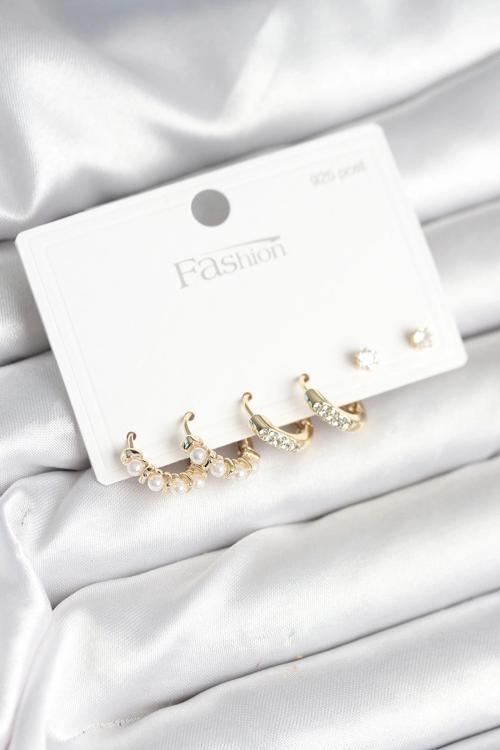 BFS Pirinç Gold Renk Zirkon Taşlı ve İncili Model 925 Ayar Gümüş Çivi Kadın Küpe Seti