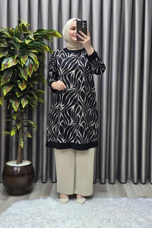Kadın Tesettür Giyim Büyük Beden Trend Simli Tunik 