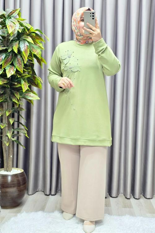 Kadın Giyim Büyük Beden Modal Çiçek Aplik Tunik