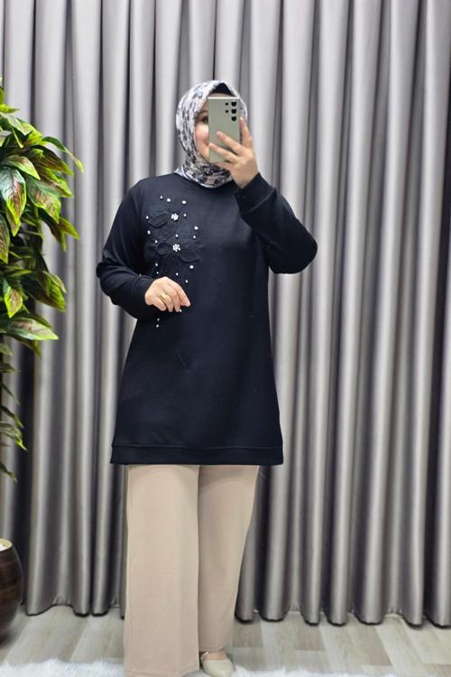 Kadın Giyim Büyük Beden Modal Çiçek Aplik Tunik