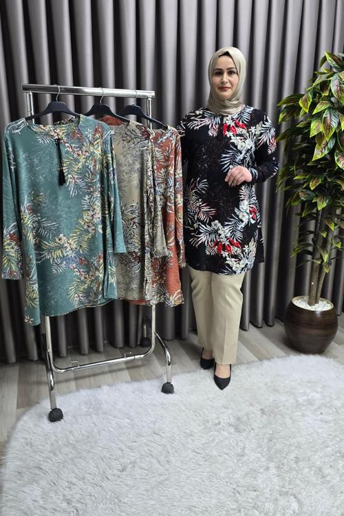 Kadın Tesettür Giyim Büyük Beden Palmiye Desen Tunik