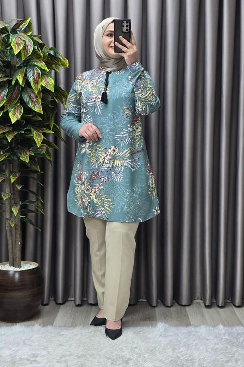 Kadın Tesettür Giyim Büyük Beden Palmiye Desen Tunik