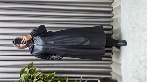 Kadın Büyük Beden Kapşonlu Fermuarlı Suni Deri Tesettür Kap Su Geçirmez Dış Giyim