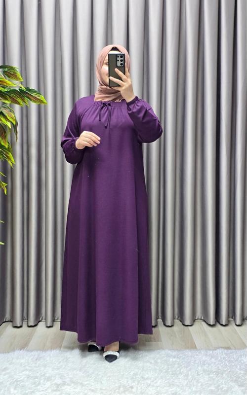 Kadın Tesettür Giyim Büyük Beden Kare Yaka Robalı Lina Elbise 