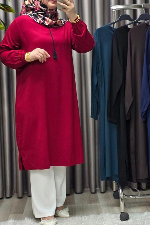 Kadın Tesettür Giyim Büyük Beden Tek Renk İpli Tunik