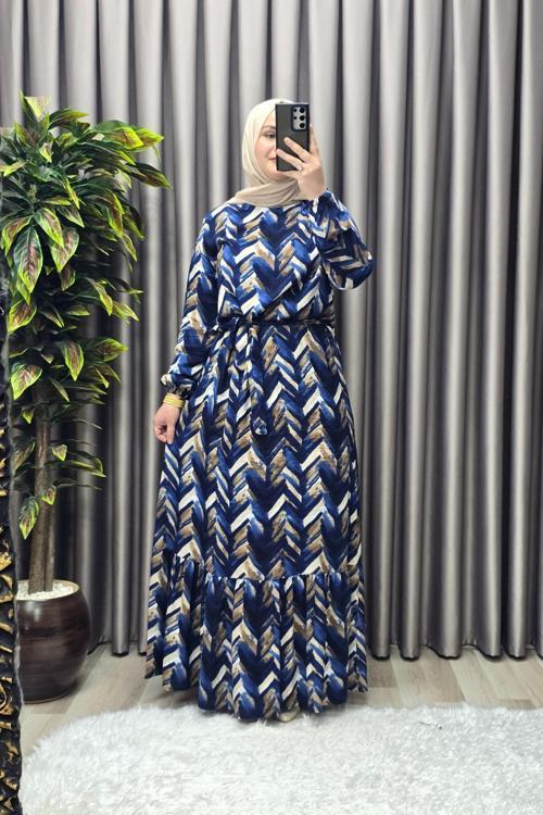 Kadın Tesettür Giyim Büyük Beden Viscon Desenli Elbise 